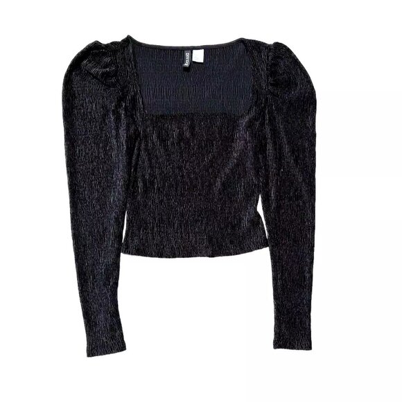 Divided H&M Black Velvet Top Square Neck Bustier Style Shirt Puff Sleeve Small - Picture 1 of 4